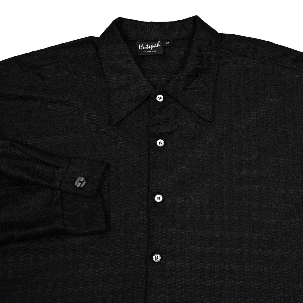 Hutspah VTG 90s Club Shirt‎ Men's M Black Mesh Geometric Weave Camp Disco Sheer